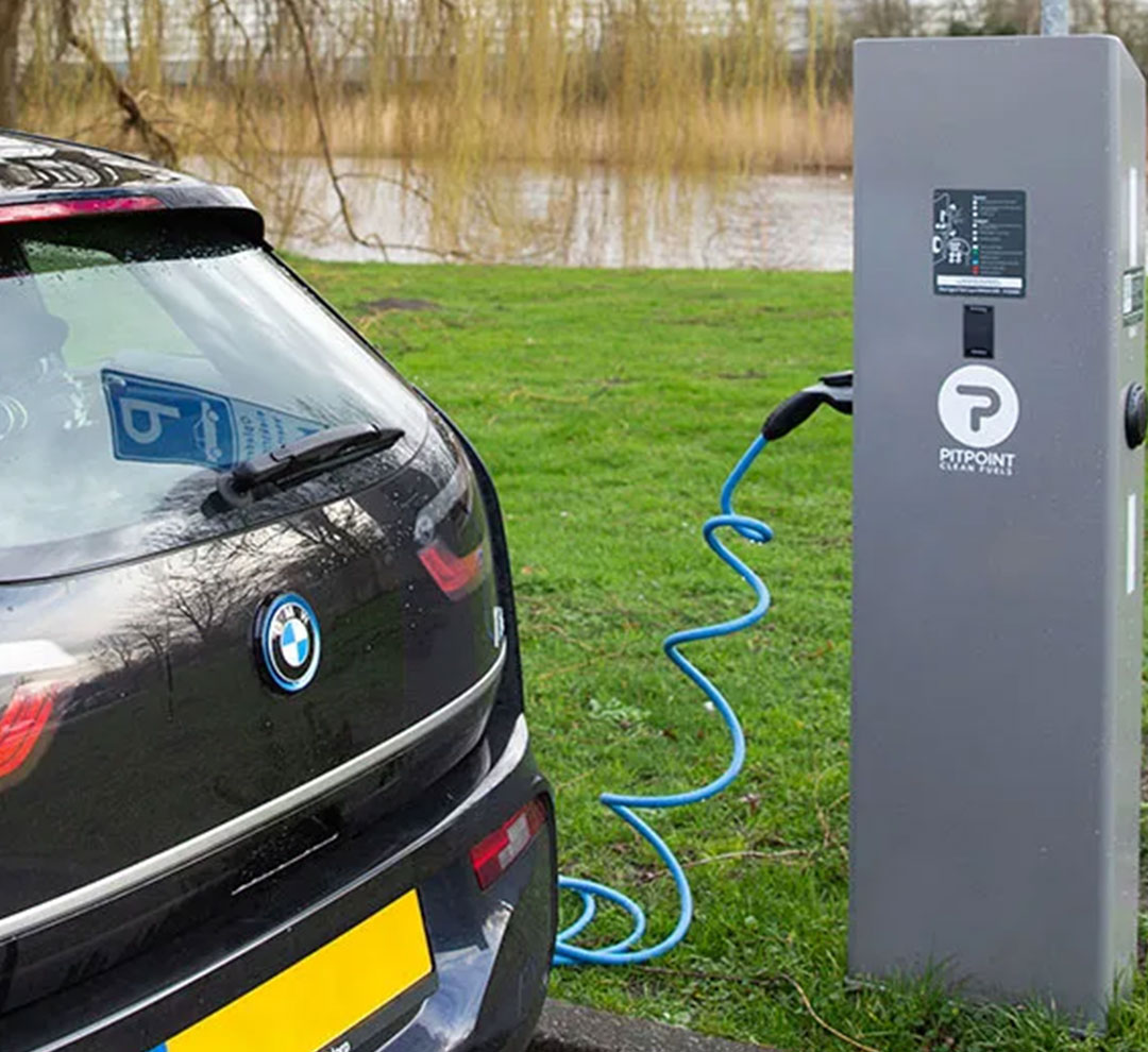 An electric car charging at a PitPoint charging point