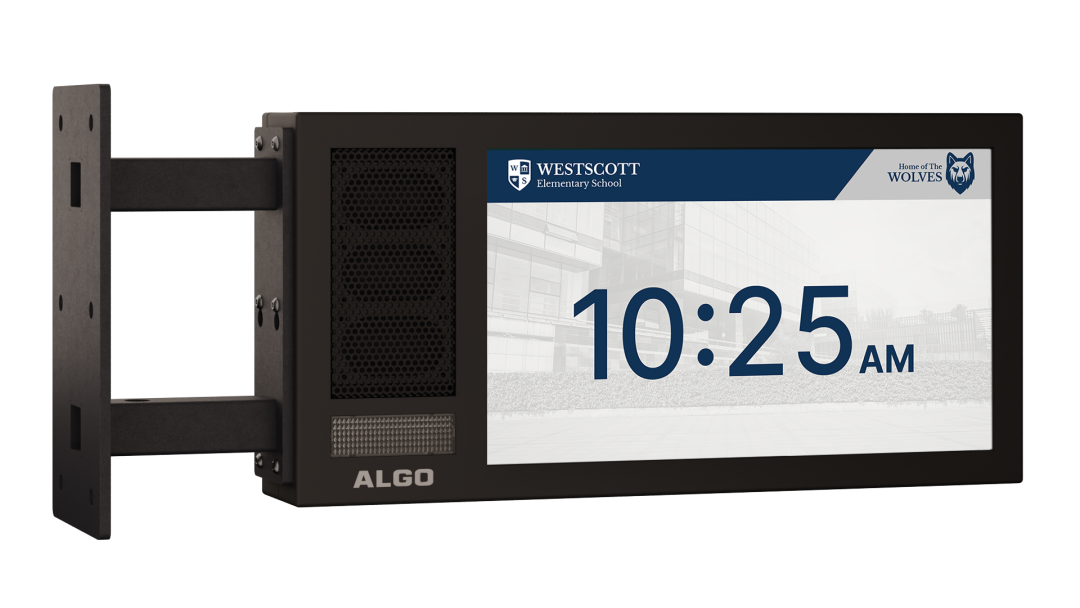 Image of Algo 8420 dual-sided display speaker with time of 10:25am.