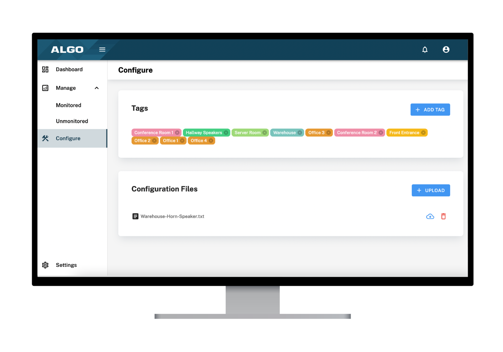 Image of Algo Device Management Platform (ADMP) which is an endpoint configuration manager where you can upload config files and add tags for desired locations